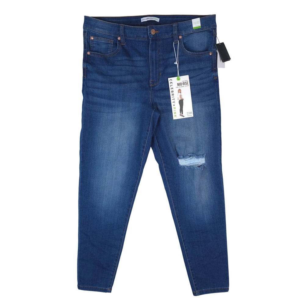 Celebrity Pink Skinny Clean Jean Women 15/32 Blue Distressed Mid-Rise Denim